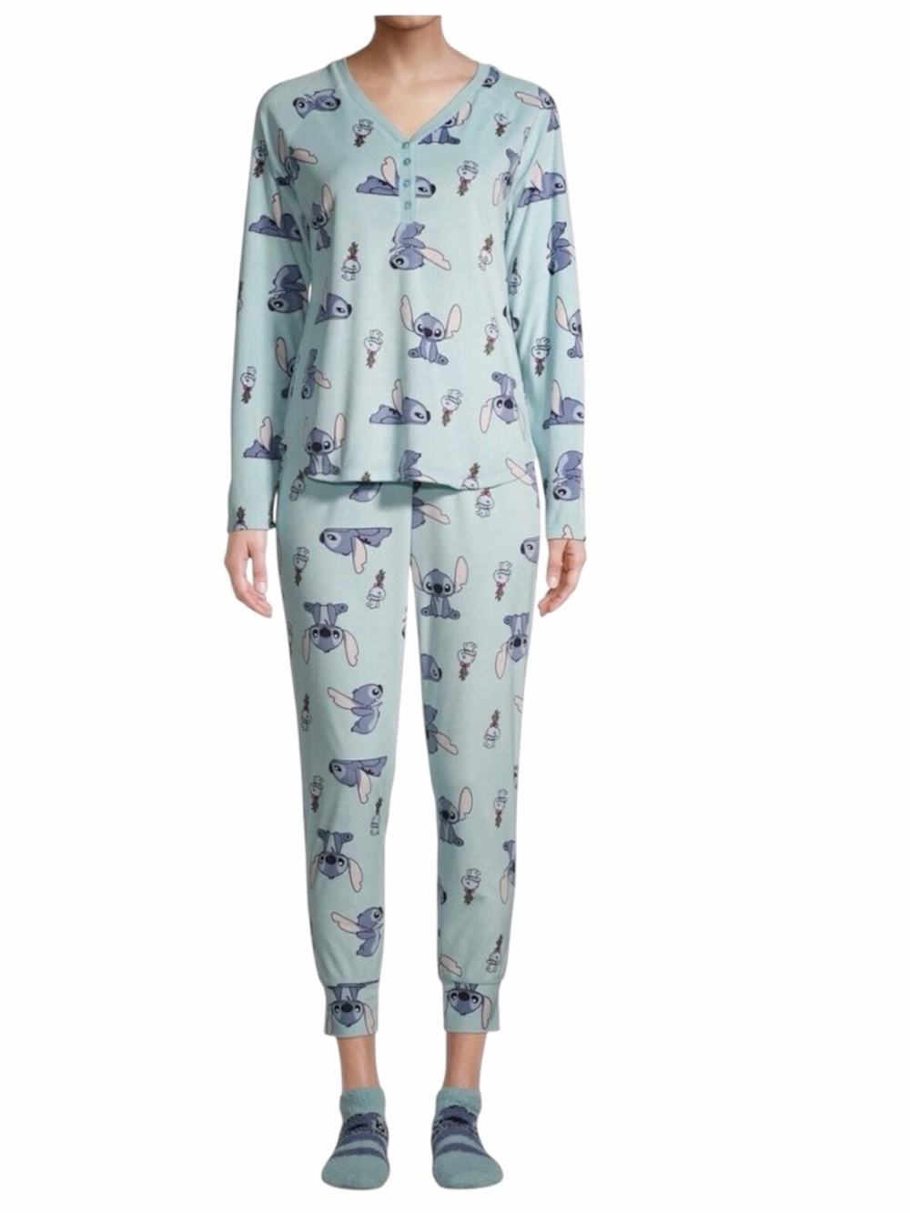 Disney Stitch Pajama Set Sz XL Blue Long Sleeve Top & Pants Loungewear